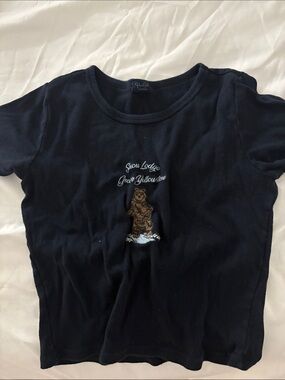 Brandy Melville Navy Short-Sleeve Tee with Brown Bear Embroidery